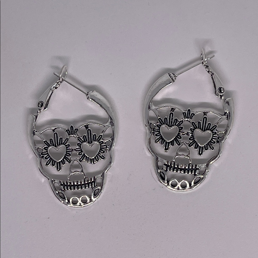 Halloween Silver Skull Hoop Earrings